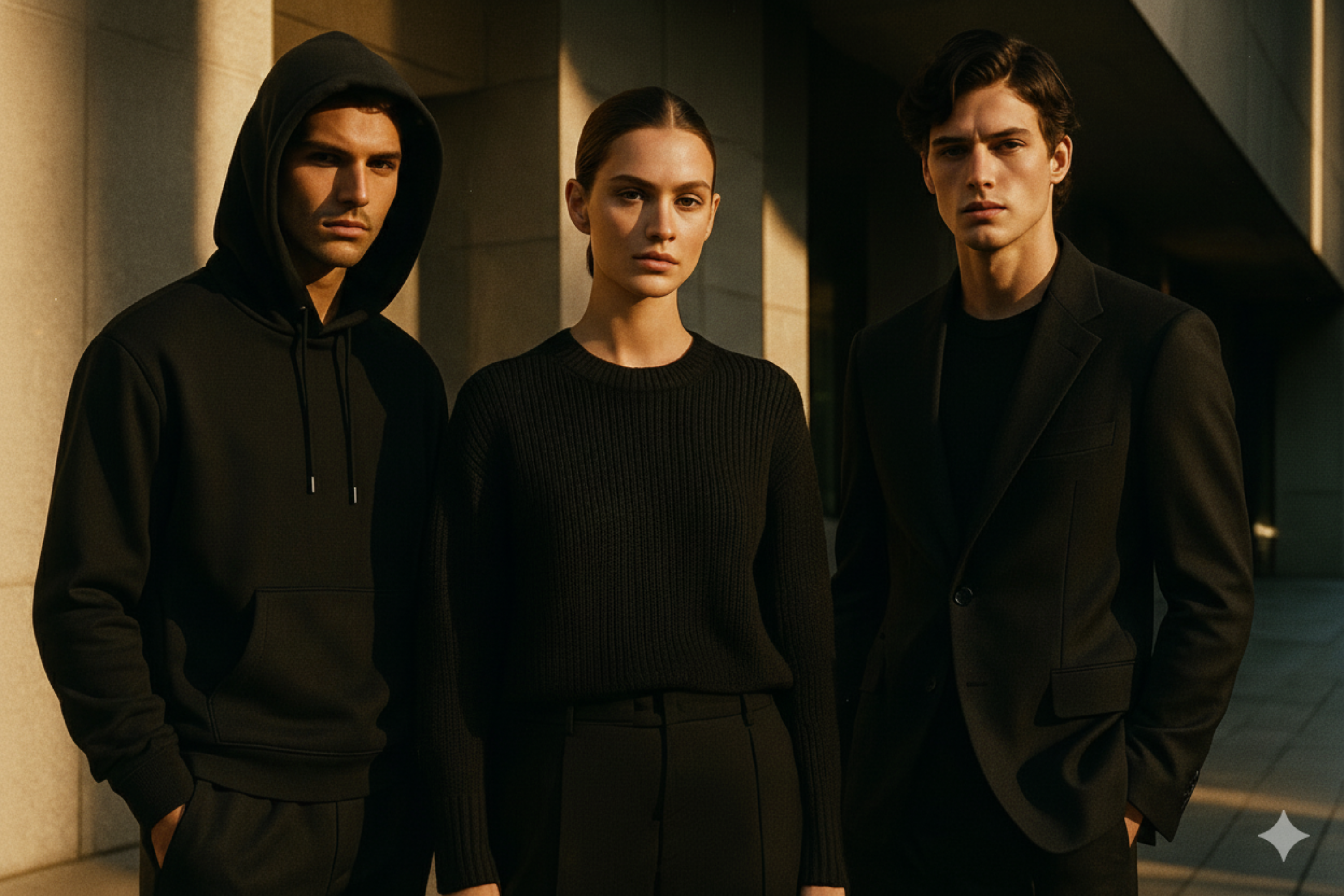 Three people dressed in black outfits standing against a neutral background
